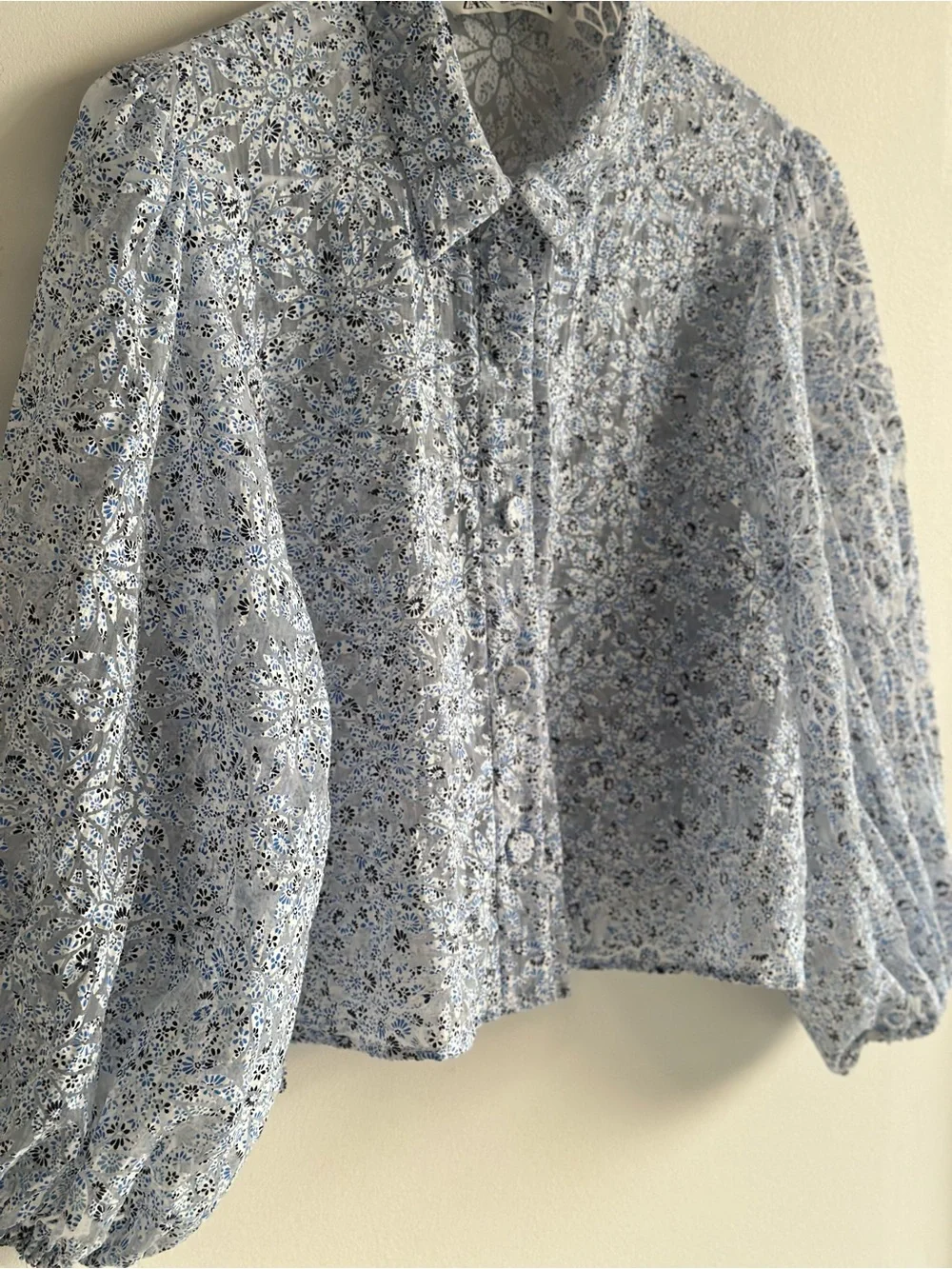 Zara Blue Floral Lace Cropped Puff Sleeve Button-Up Blouse Size M